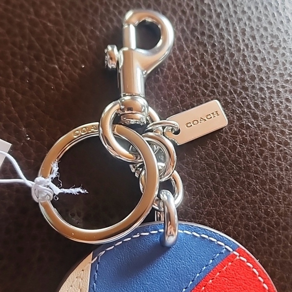 Coach Round Leather Beachball Keychain Bag Charm in Red, Blue & Cream NWT - Picture 5 of 7